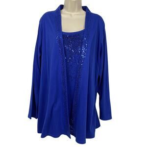 Quacker Factory Top Womens 2X Blue Sequin Tank Cardigan TwoFer 2Fer Layered Look